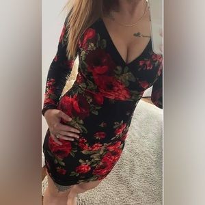 Belle Pour Elle | Surplice Scoop V-Neck Dress. Black Floral Crossed Heart Dress.